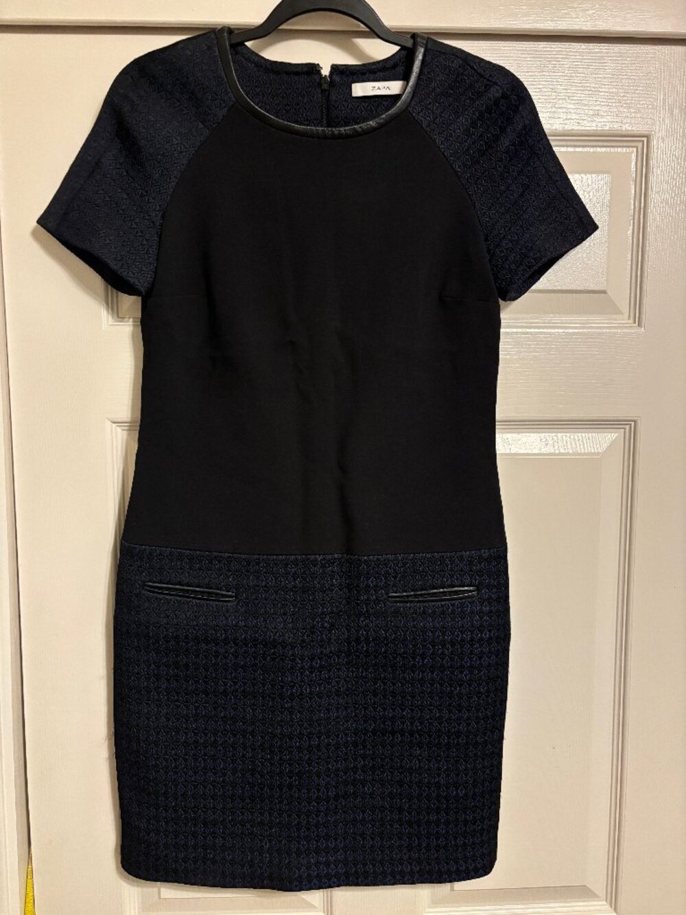 ZAPA Paris Black Navy Jacquard Shift Dress Leather Trim Size 38 (US 6)